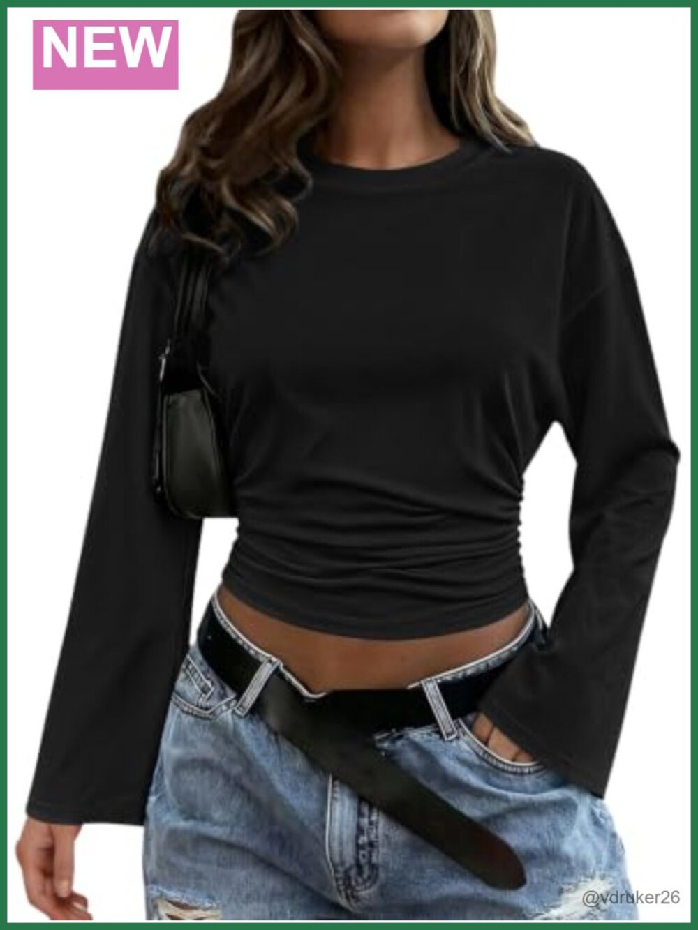 Bell Sleeve Cropped Top Ruched Waist Crewneck Lightweight Pullover